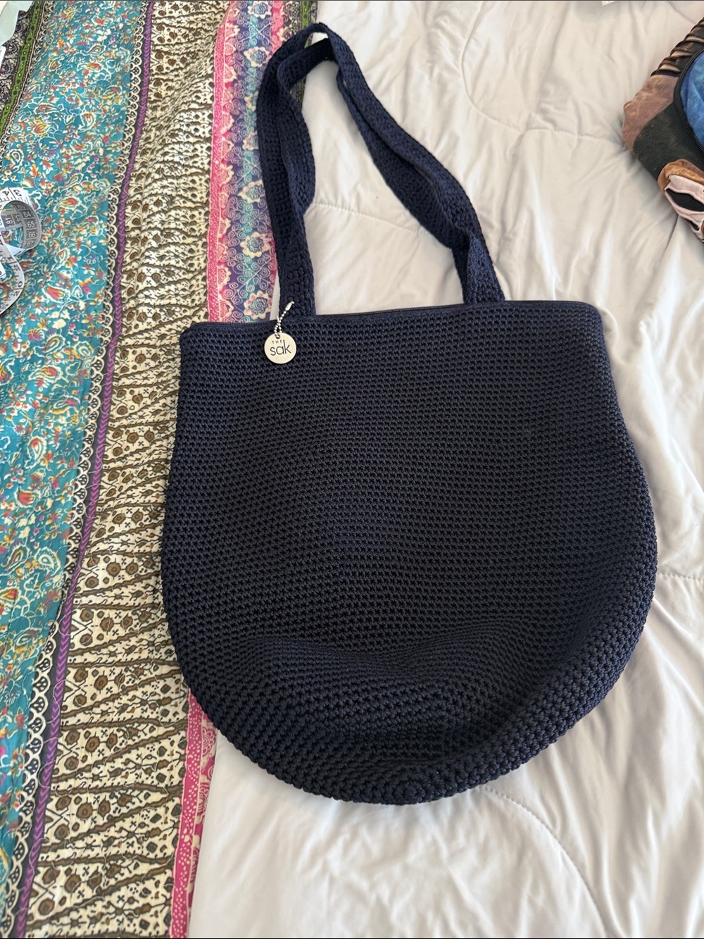 The Sak Navy Crochet Tote with Double Shoulder Straps